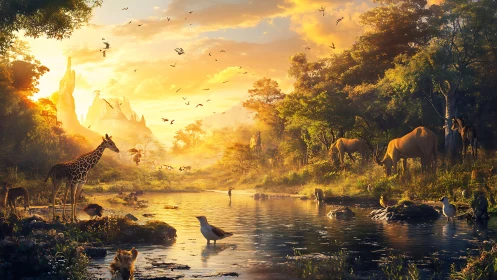 Sunrise menagerie gathers at a spellbound jungle river.