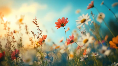 Wildflower meadow ablaze with golden sunlight cascading through blooming petals.