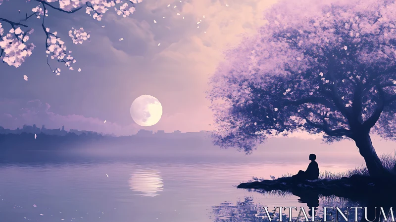 Silhouetted figure under tree beside lake at full moon.