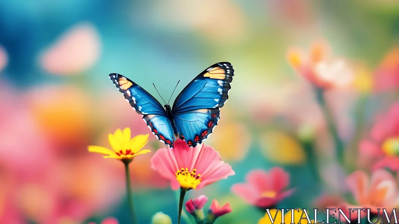 Blue butterfly rests on composite flowers in shallow focus
