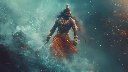 Mythic warrior strides through storming waves and embers