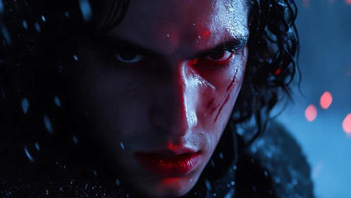 Brooding warrior portrait under icy red-blue light.