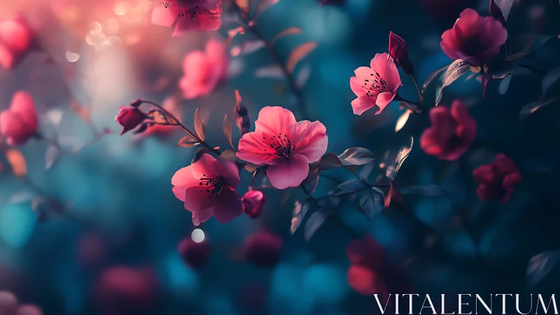 Delicate Pink Blooms Glow in Dreamy Teal Twilight