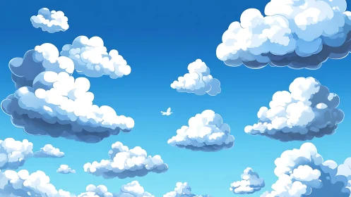 Cartoon cumulus clouds drift across deep blue sky.