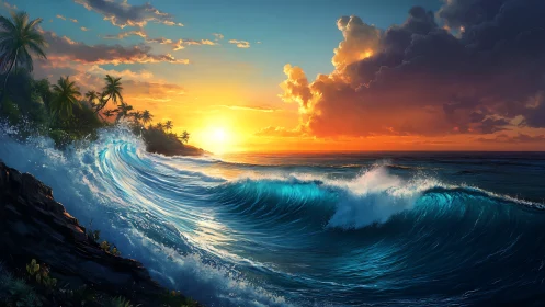 Sunlit island waves curling into a glowing evening horizon.