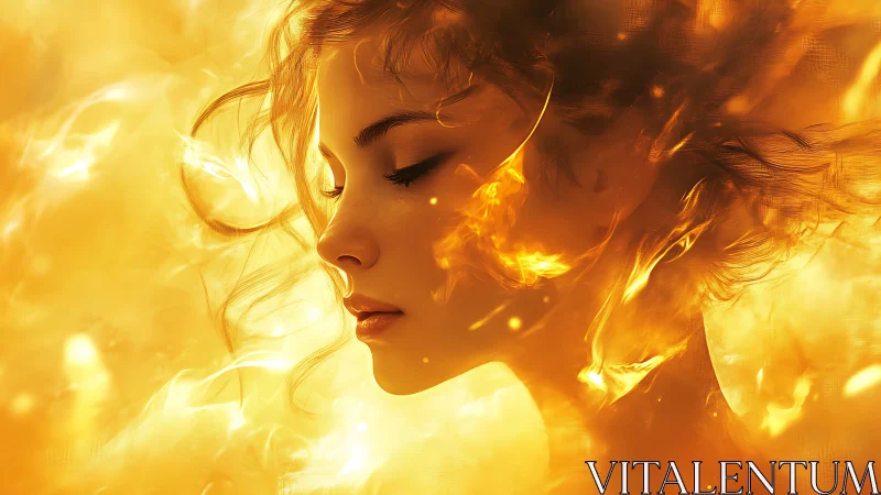 Woman bathed in radiant golden light and flames