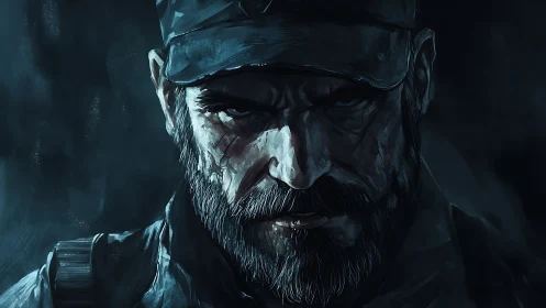 Weathered warrior’s stern gaze in a moody night portrait.