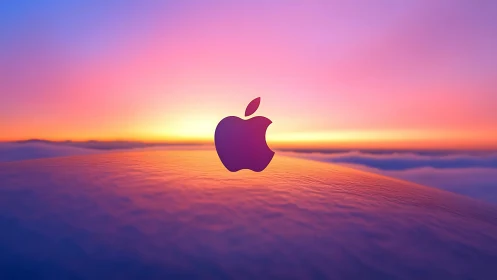Apple logo over stylized horizon at soft colorful sunset.