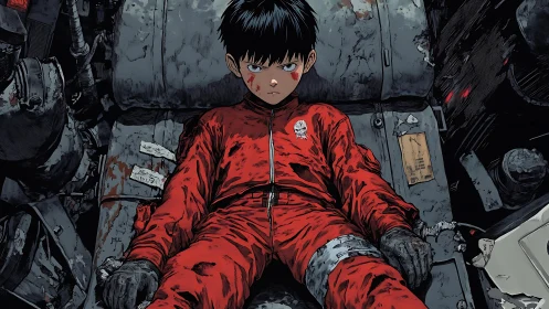 Injured boy in red jumpsuit on ruined industrial cockpit seat