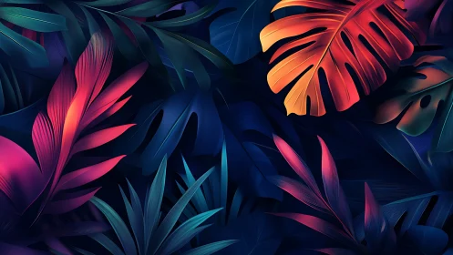Neon-gradient tropical foliage forms a layered abstract canopy
