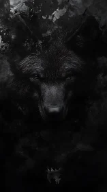 Midnight wolf emerging softly from swirling shadows.