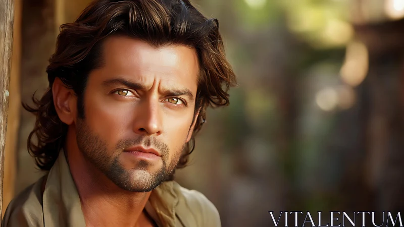 Brooding long-haired man in sunlit rustic portrait.