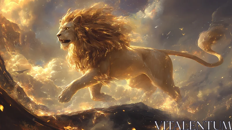 Celestial lion strides through burning clouds at dawn.