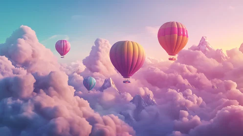 Pastel hot air balloons drift through dreamy pink clouds.