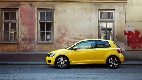 Yellow hatchback contrasts with distressed urban facade in profile