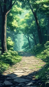Forest pathway with towering trees and dappled light filtering through canopy.