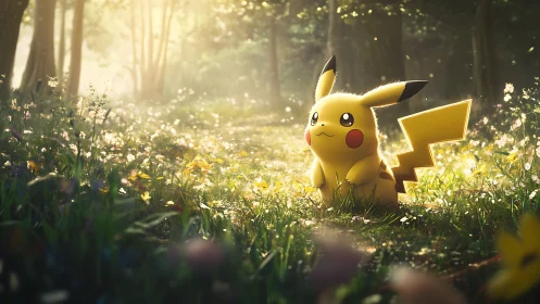 Pikachu stands in glowing forest meadow under soft sunlight.
