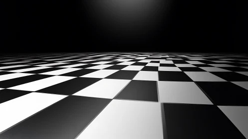 Checkerboard floor recedes into dark, empty background