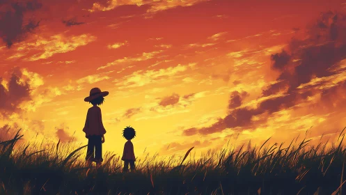 Sunset sky welcomes two quiet friends in tall summer grass