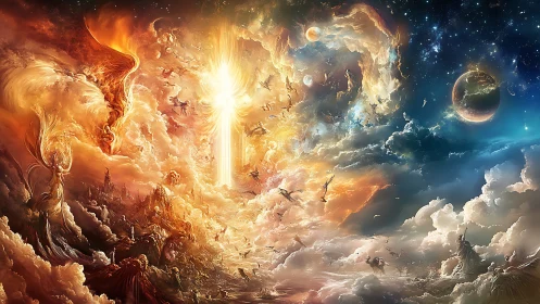 Celestial stormgate between blazing dawn and star-drenched void.