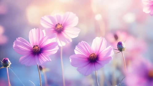Pink cosmos flowers bloom softly against dreamy gradient backdrop.