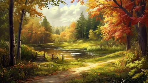 Golden autumn forest pond glows under gentle afternoon light