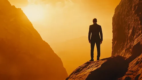 Businessman stands on rocky ledge between cliffs at sunset