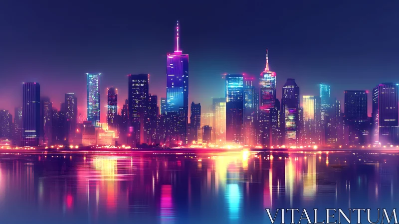 Neon skyline shimmers above tranquil reflective waters.