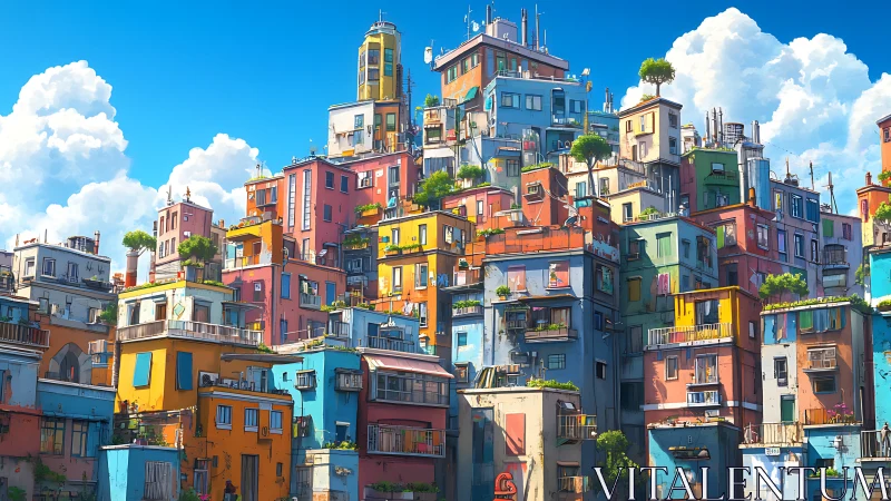 Sunlit hillside city of stacked colorful homes and gardens.
