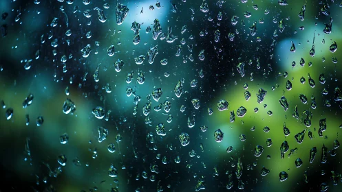 Raindrops cling to glass with blurred green background