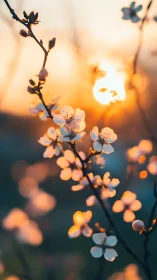 Blossom branches sip molten sunlight in a twilight hush