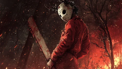 Nightmarish masked figure stands in a burning forest glow