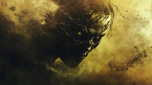 Eroded spectral skull emerging from turbulent sulfuric haze.