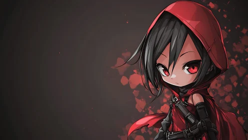 Chibi red-hood assassin with intense red gaze portrait.
