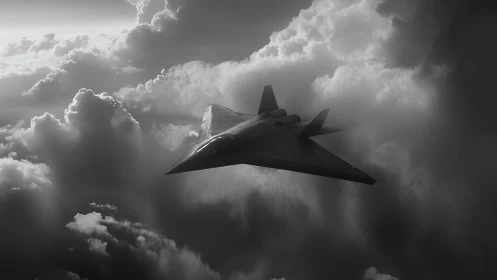 Futuristic stealth jet cutting through dramatic storm clouds.