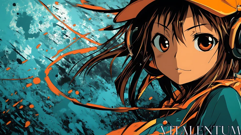 Splashed teal backdrop framing confident anime girl portrait.