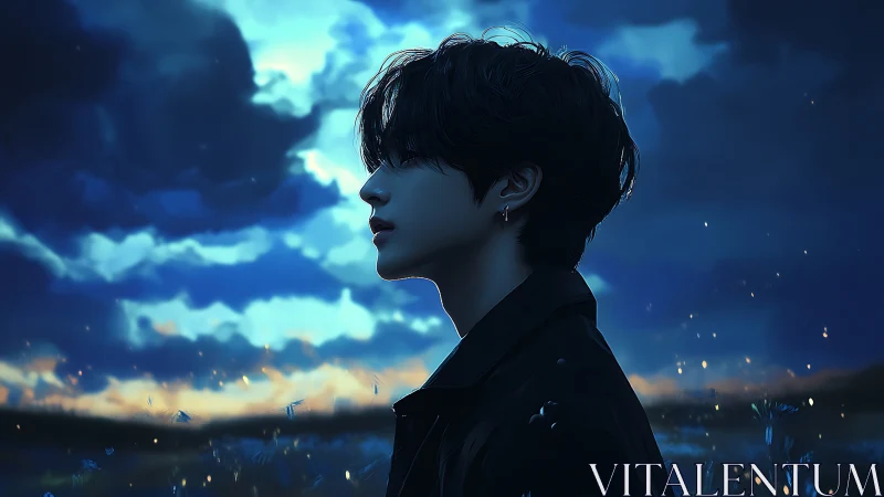 Solitary profile under luminous dusk sky in blue tones.