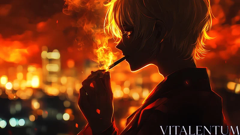 Silhouetted figure smokes against defocused urban dusk