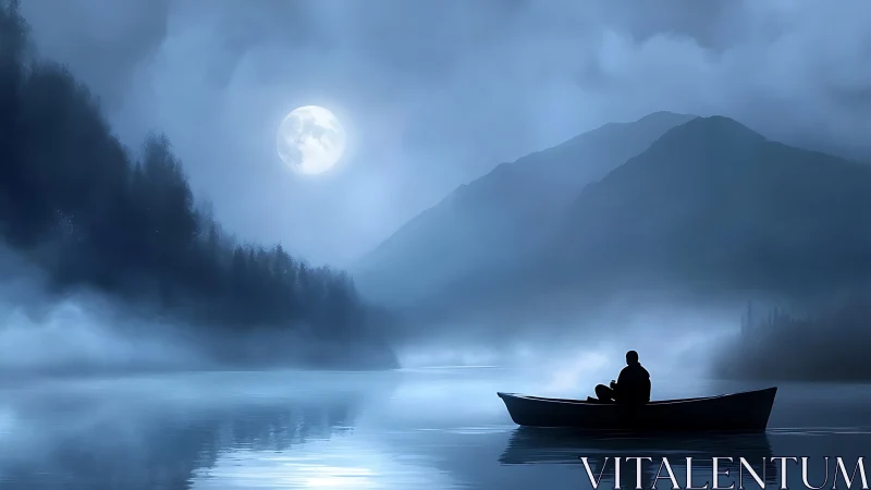 Solitary rowboat under lunar backlight on misted alpine lake