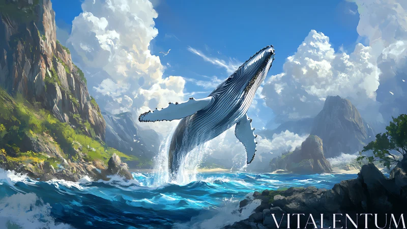 Skyward leap of a whale over sunlit island shores.