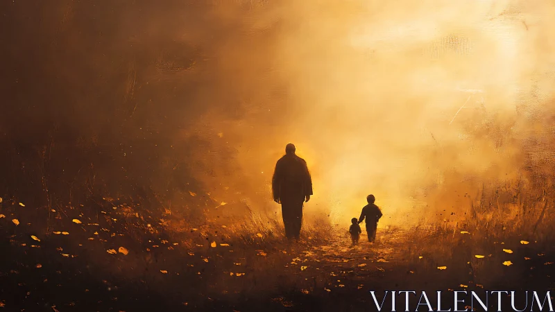 Silhouetted parent and children walking through golden haze.