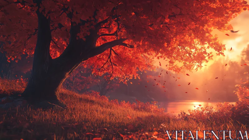 Radiant autumn maple glows beside a tranquil golden lake.