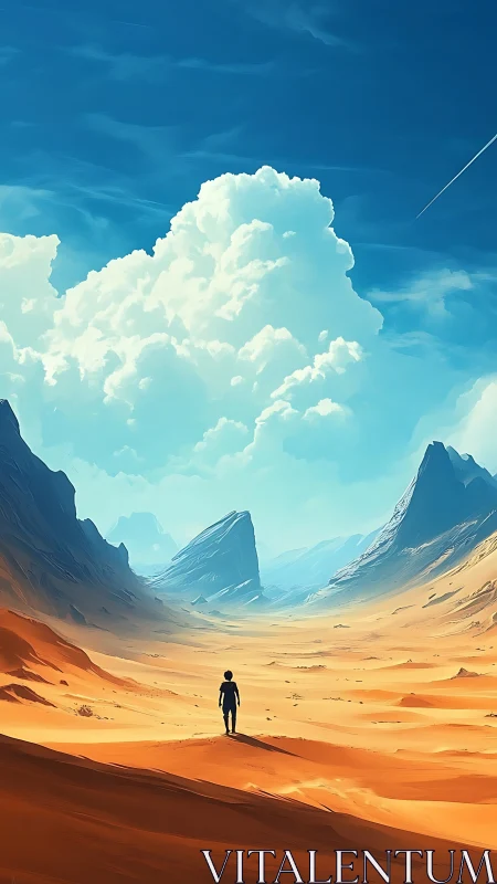 Solitary figure stands in vast stylized desert valley