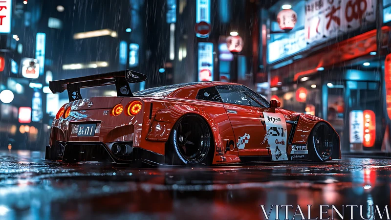Midnight drift beast gleams in neon soaked Tokyo rain.