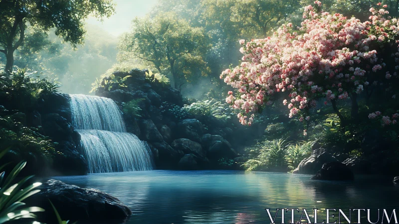Sunlit forest waterfall beside radiant pink blossom grove.