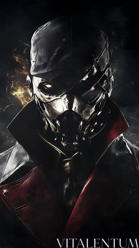 Masked enforcer emerges from shadow in dramatic metallic glow