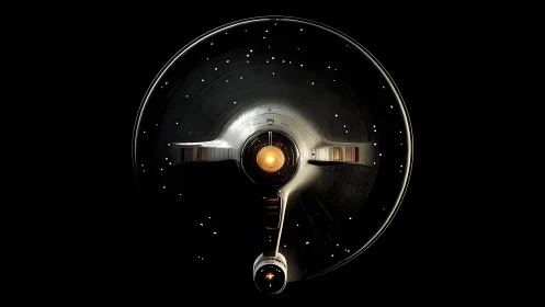 Top view of circular spacecraft in dark empty space.