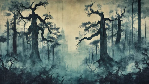 Ancient twin forest guardians loom in alchemical dawn mist.