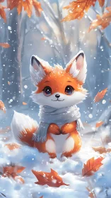 Small fox in scarf sitting in snowy autumn forest scene.