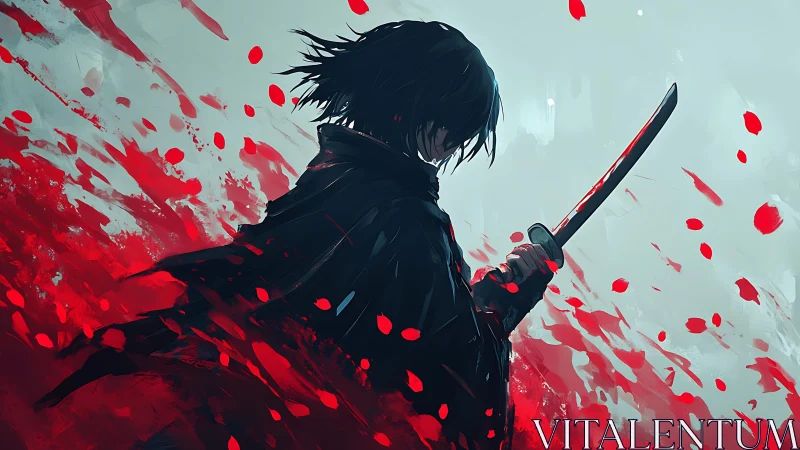 Brooding swordsman in red-splashed digital battle storm.